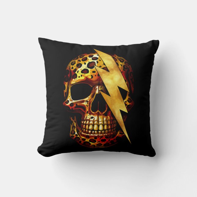 Skull mit Leopard Print & Gold Spark Kissen (Vorderseite)