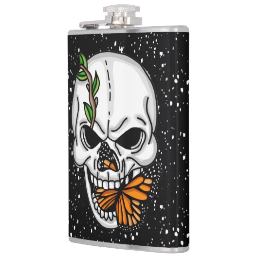 Skull mit Monarch Butterfly Schwarzer Hintergrund Flachmann (Links)