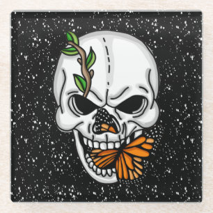 Skull mit Monarch Butterfly Schwarzer Hintergrund Glasuntersetzer