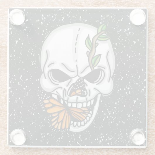 Skull mit Monarch Butterfly Schwarzer Hintergrund Glasuntersetzer (Rückseite)
