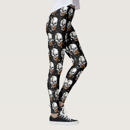 Skull mit Monarch Butterfly Schwarzer Hintergrund Leggings (Rechts)