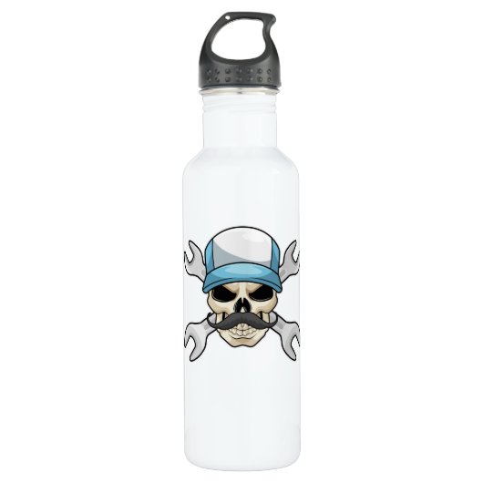 Skull mit Mustache & Wrench Edelstahlflasche (Vorderseite)