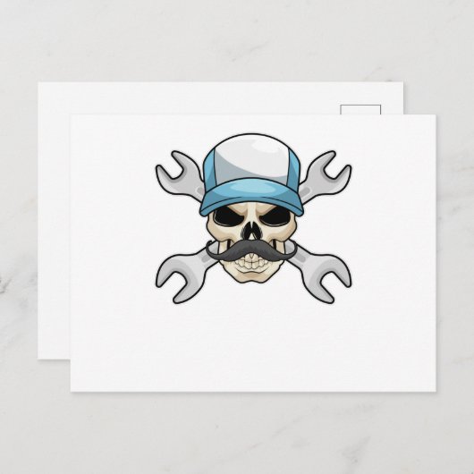 Skull mit Mustache & Wrench Postkarte (Vorne/Hinten)