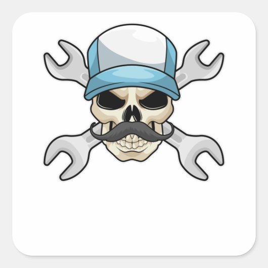 Skull mit Mustache & Wrench Quadratischer Aufkleber (Vorderseite)