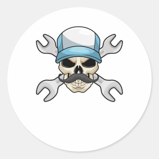 Skull mit Mustache & Wrench Runder Aufkleber (Vorderseite)