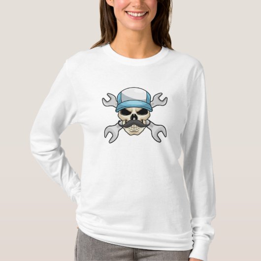 Skull mit Mustache & Wrench T-Shirt (Vorderseite)