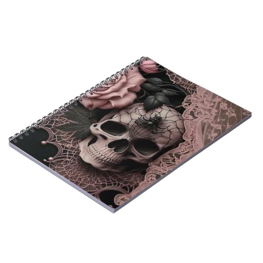Skull mit rosa Spitzen und weich rosa Blume Notebo Notizblock (Linke Seite)