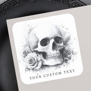 Skull mit Rose Aquarellmalerei Quadratischer Aufkleber