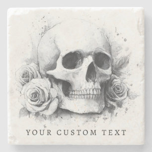 Skull mit Rose Aquarellmalerei Steinuntersetzer
