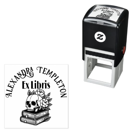 Skull mit Rose auf Büchern #4PS mit Ex Libris Name Permastempel (Beispiel)