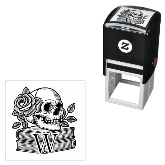 Skull mit Rose auf Büchern #6PS Initialmonogramm Permastempel (Beispiel)