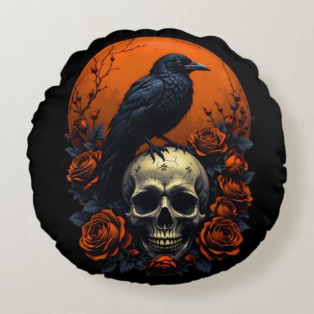 Skull mit Rose & Crow Gothic Sweatshirt Rundes Kissen (Vorderseite)