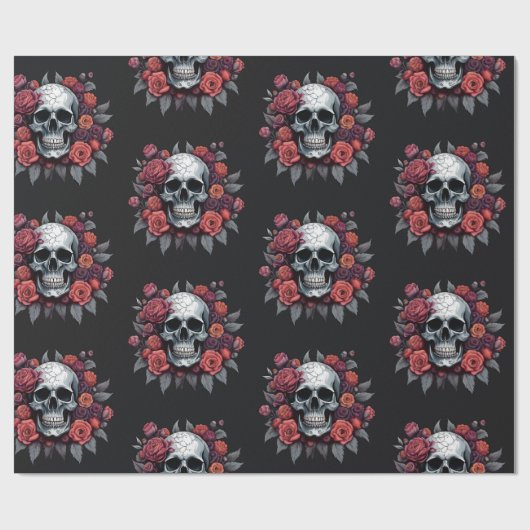 Skull mit Rose Gothic Halloween Wrapping Paper Geschenkpapier (Flach)