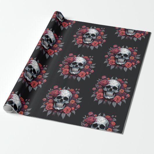 Skull mit Rose Gothic Halloween Wrapping Paper Geschenkpapier (Ungerollt)