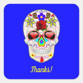 Skull mit Rose und Lilie auf blau Quadratischer Aufkleber