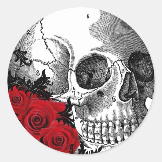 SKULL MIT ROSE VINTAG DRUCKEN RUNDER AUFKLEBER (Vorderseite)