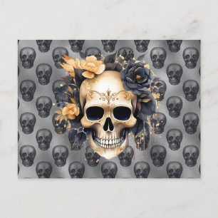Skull mit Schwarz-Gold-Rose Silber Halloween Feiertagspostkarte