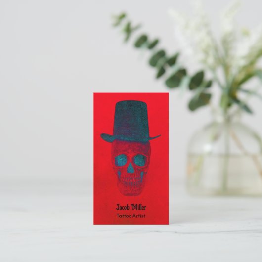 Skull mit Top Hat Gothic Red Blue Grunge Visitenkarte (Stehend Vorderseite)