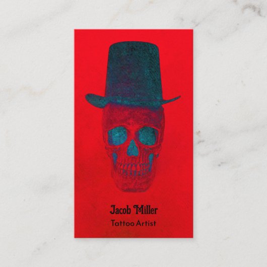 Skull mit Top Hat Gothic Red Blue Grunge Visitenkarte (Vorderseite)