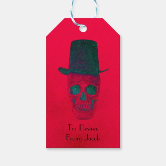 Skull mit Top Hat Red Green Halloween Geschenkanhänger (Vorderseite)