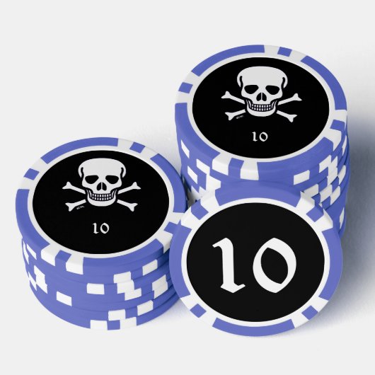 Skull n Knochen schwarz blau 10 gestreifter Poker Pokerchips (Stapel)