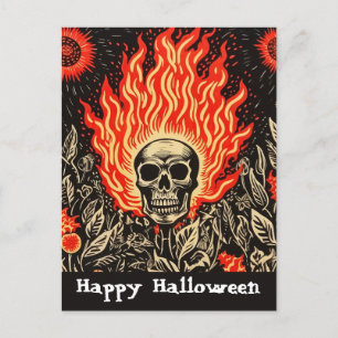 Skull on Fire Linocut Art Happy Halloween Postkarte