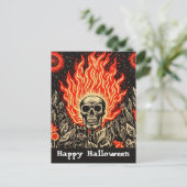 Skull on Fire Linocut Art Happy Halloween Postkarte (Stehend Vorderseite)