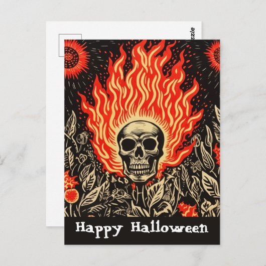 Skull on Fire Linocut Art Happy Halloween Postkarte (Vorne/Hinten)