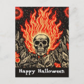 Skull on Fire Linocut Art Happy Halloween Postkarte (Vorderseite)