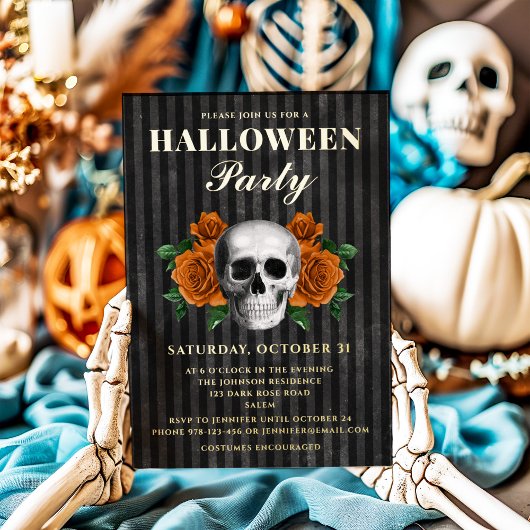 Skull Orange Rose Halloween-Party Gold Folieneinladung