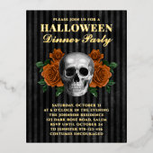 Skull Orange Rosen Halloween Abendessen Party Gold Folie Einladungspostkarte (Vorderseite)