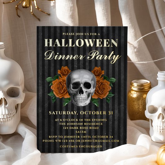 Skull Orange Rosen Halloween Abendessen Party Gold Folieneinladung