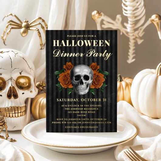 Skull Orange Rosen Halloween Abendessen Party Gold Folieneinladung