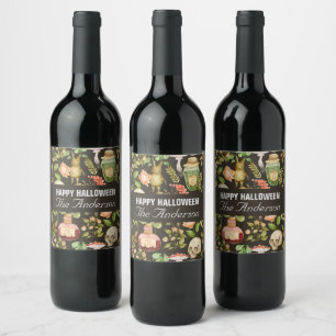 Skull Pflanze Mushroom Blume Abstrakt Halloween Weinetikett