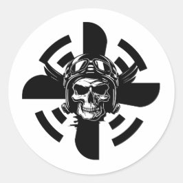 Skull Pilot und Flugzeugpropeller, Minimalistisch, Runder Aufkleber