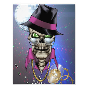 Skull Pimp mit Hut, Brille, Goldkette und Disco Fotodruck