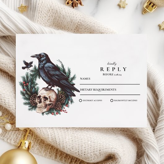 Skull & Pine Raven Gothic Wedding RSVP Karte