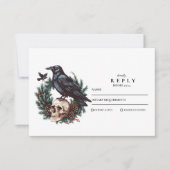 Skull & Pine Raven Gothic Wedding RSVP Karte (Vorderseite)