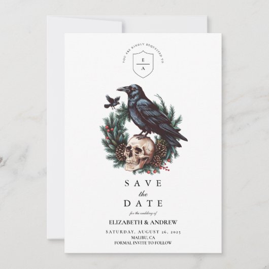 Skull & Pine Raven Gothic Wedding Save The Date (Vorderseite)