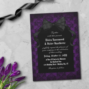 Skull Red Damask Black Bow Goth Wedding Einladung