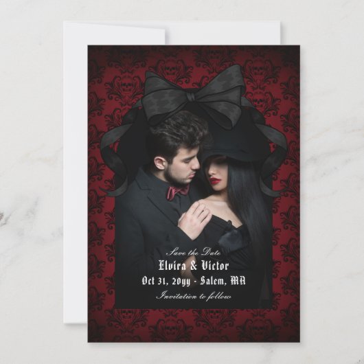Skull Red Damask Black Bow Goth Wedding Save The Date (Vorderseite)