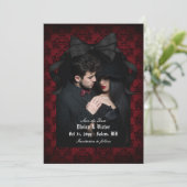 Skull Red Damask Black Bow Goth Wedding Save The Date (Stehend Vorderseite)