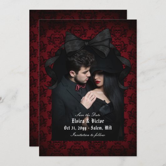 Skull Red Damask Black Bow Goth Wedding Save The Date (Vorne/Hinten)