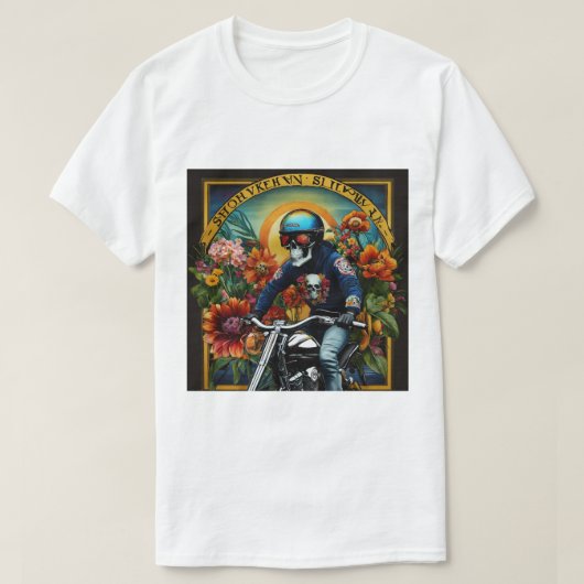 "Skull Rider: Eine kühne Fahrt durch lebendige Blü T-Shirt (Design vorne)