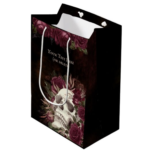 Skull Rose Burgundy Black Grunge Personalisiert Mittlere Geschenktüte (Vorderseite Schrägansicht)