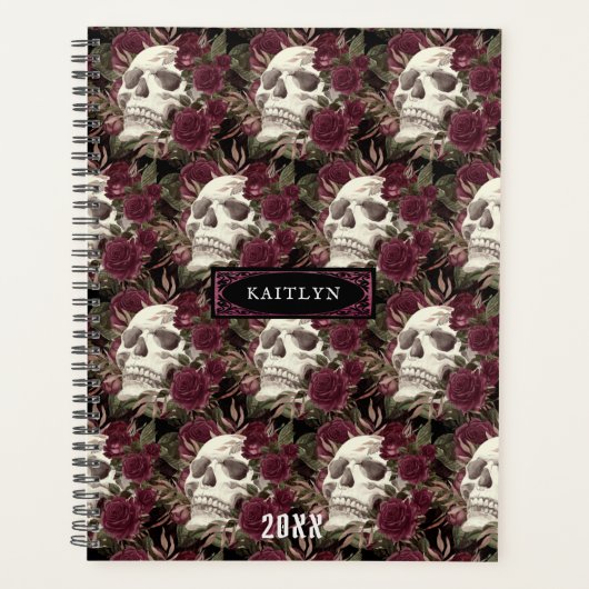 Skull-Rose Burgundy Black Pattern Personalisiert Planer (Vorderseite)