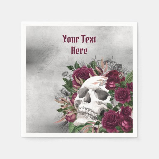 Skull Rose Burgundy Burgundy Gray Personalisiert Serviette (Vorderseite)