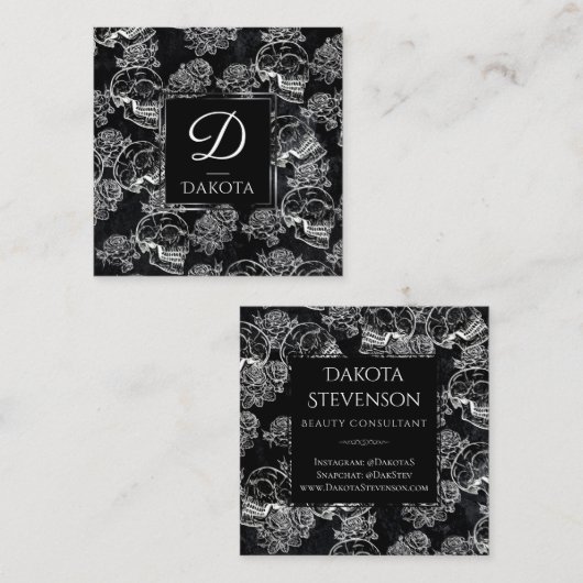 Skull Rose Chalk | Funky Gothic Grunge Monogram Quadratische Visitenkarte (Vorne/Hinten)
