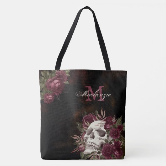 Skull-Rose Monogram Name Burgundy Black Grunge Tasche (Vorderseite)