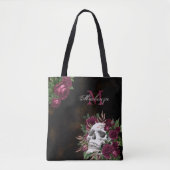 Skull-Rose Monogram Name Burgundy Dark Grunge Tasche (Vorderseite)